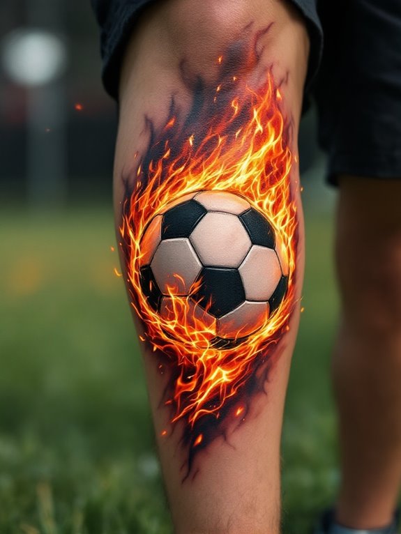 flaming soccer ball leg tattoo