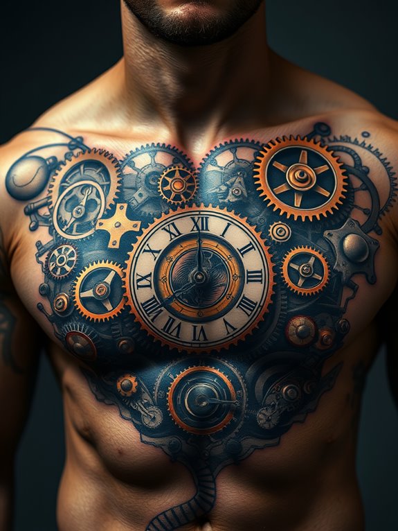 gears clock tattoo chest